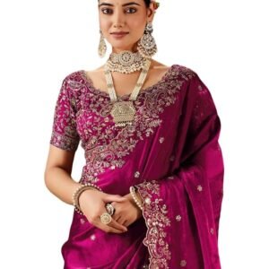 Satrani Women's Tissue Satin Scalloped Border Sequins Embroidery Saree with Unstitched Blouse Piece